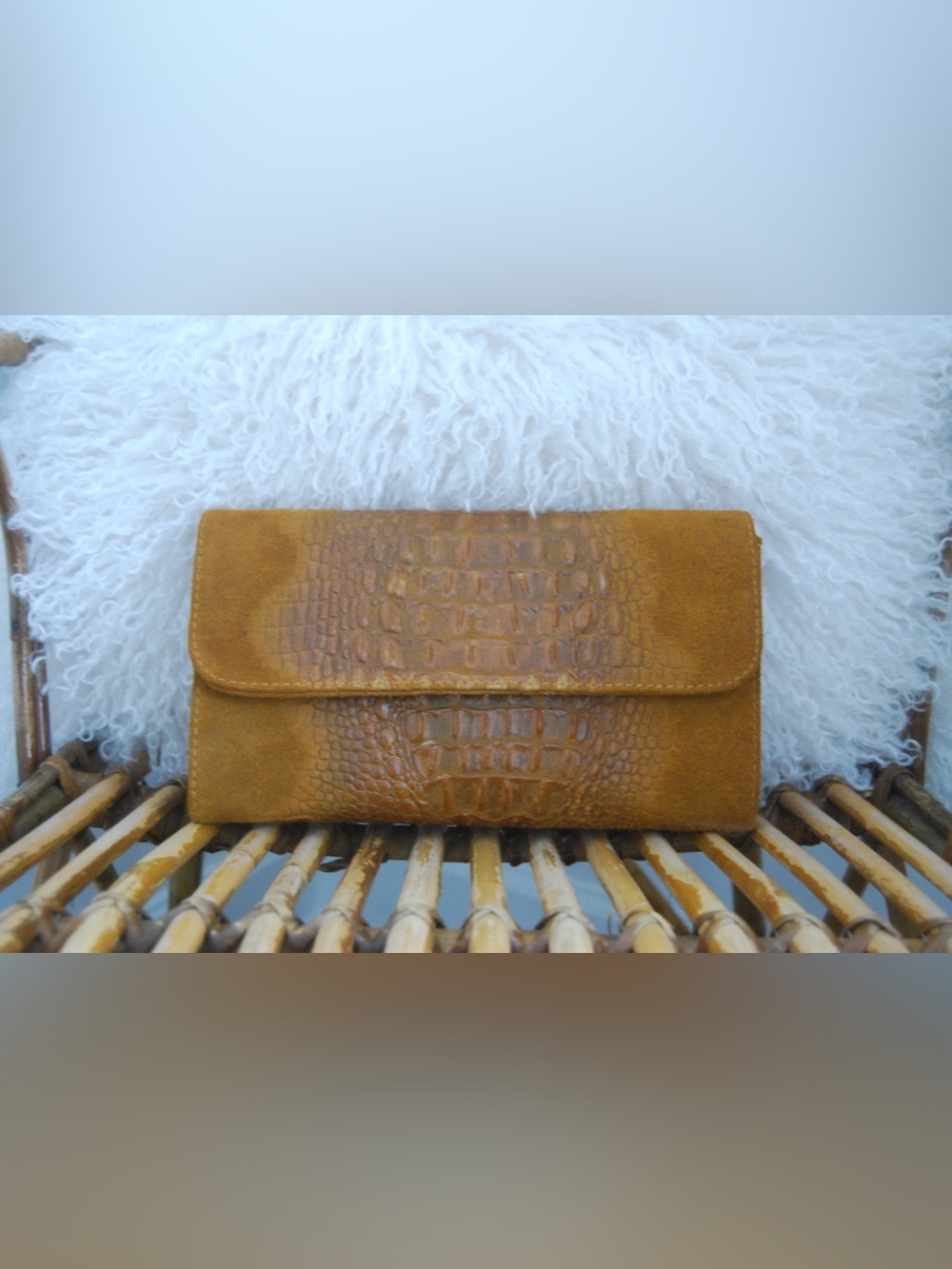 Genuine Crocodile Women’s Suede Crocodile-Embossed Foldover Clutch - Tan